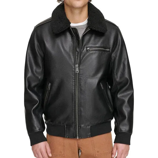 Men's Faux Shearling Sherpa Collar Bomber Leather Jacket