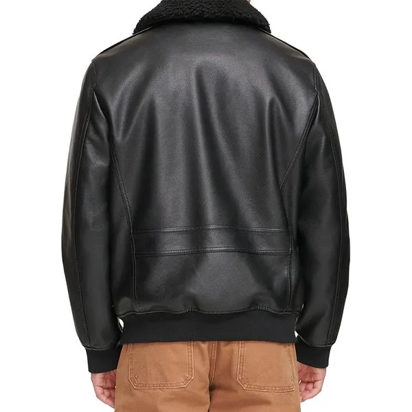 Men's Faux Shearling Sherpa Collar Bomber Leather Jacket