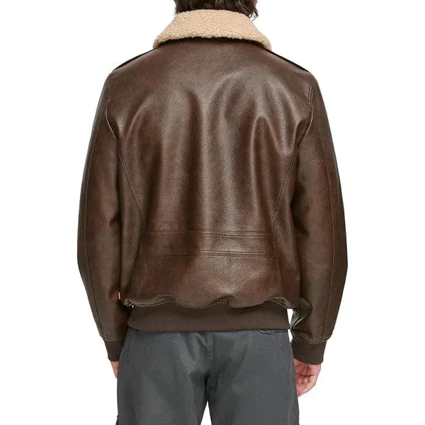 Men's Faux Shearling Sherpa Collar Bomber Leather Jacket