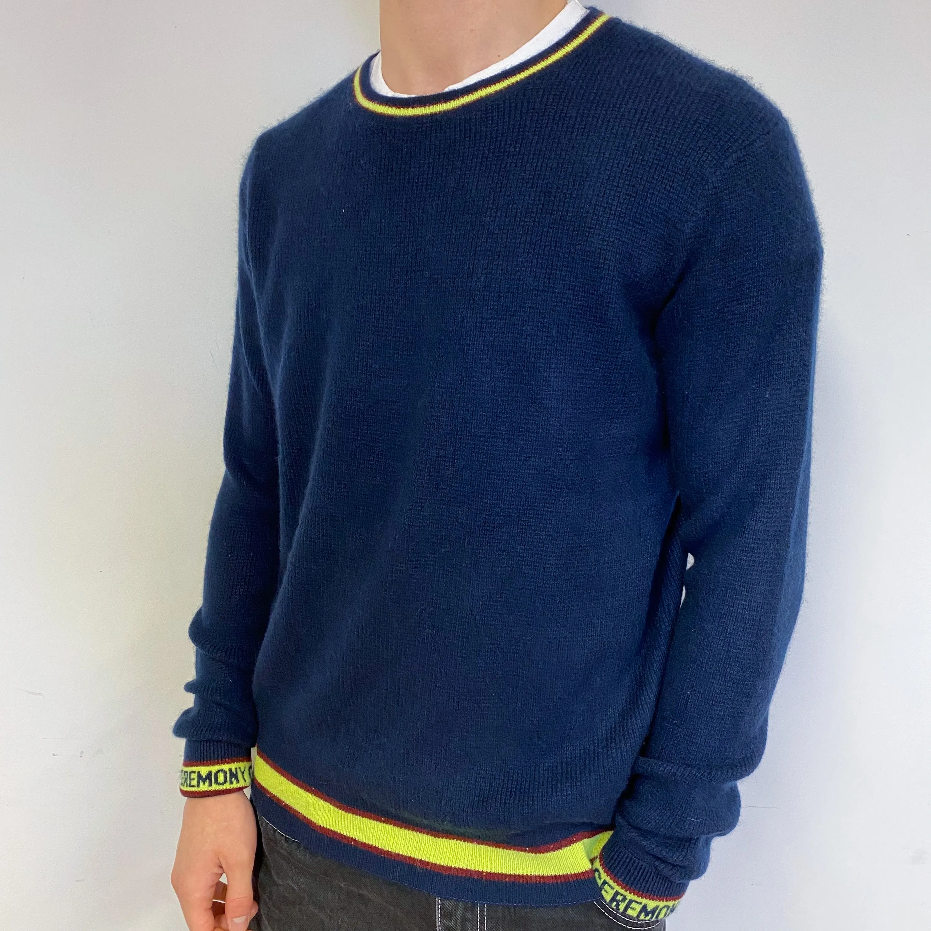 Men's Navy and Yellow Cashmere Crew Neck Jumper Medium