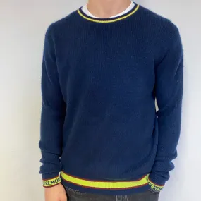 Men's Navy and Yellow Cashmere Crew Neck Jumper Medium