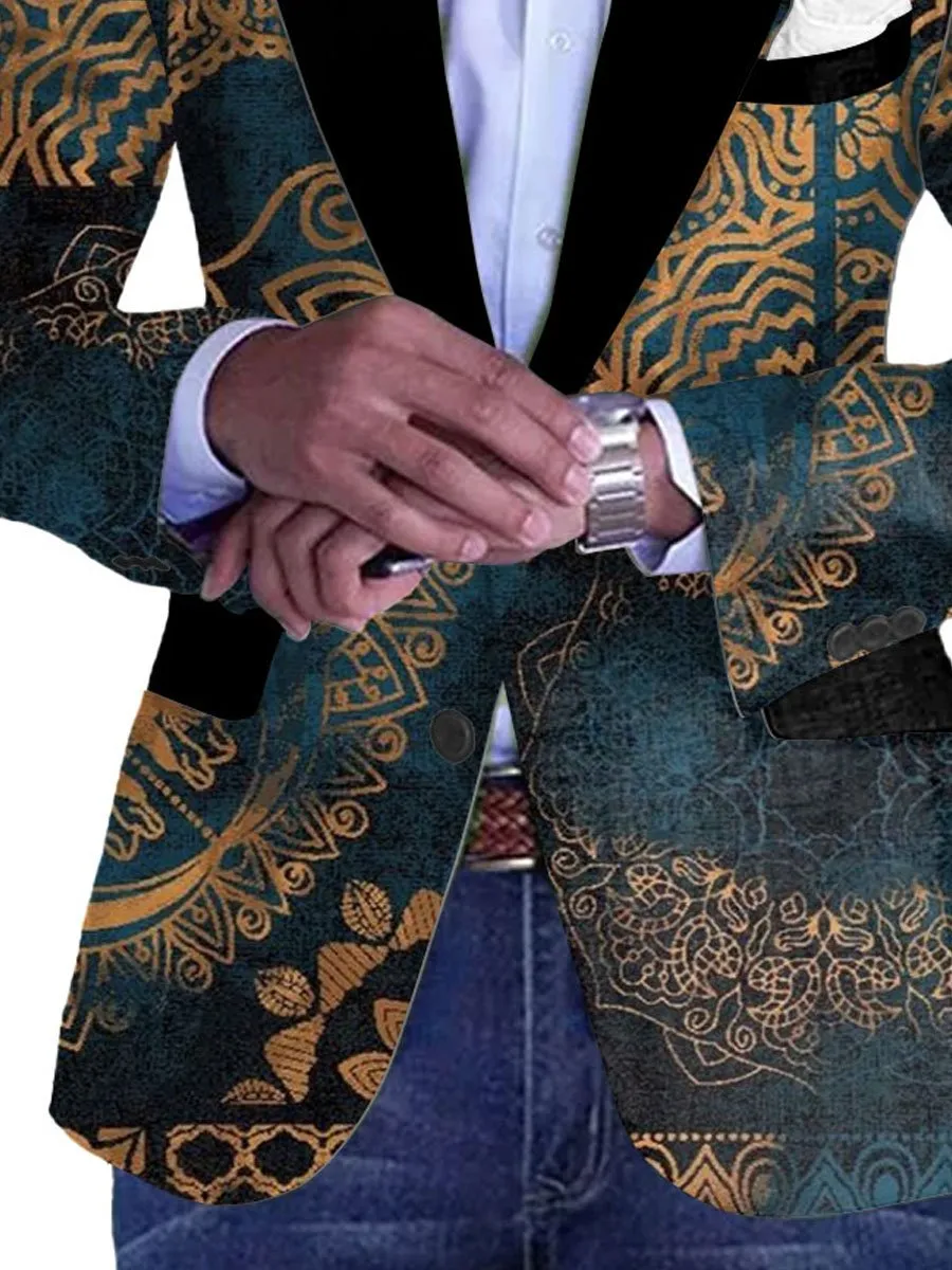 Men's Retro Ethnic Style Floral Print Single Breasted Casual Balzer