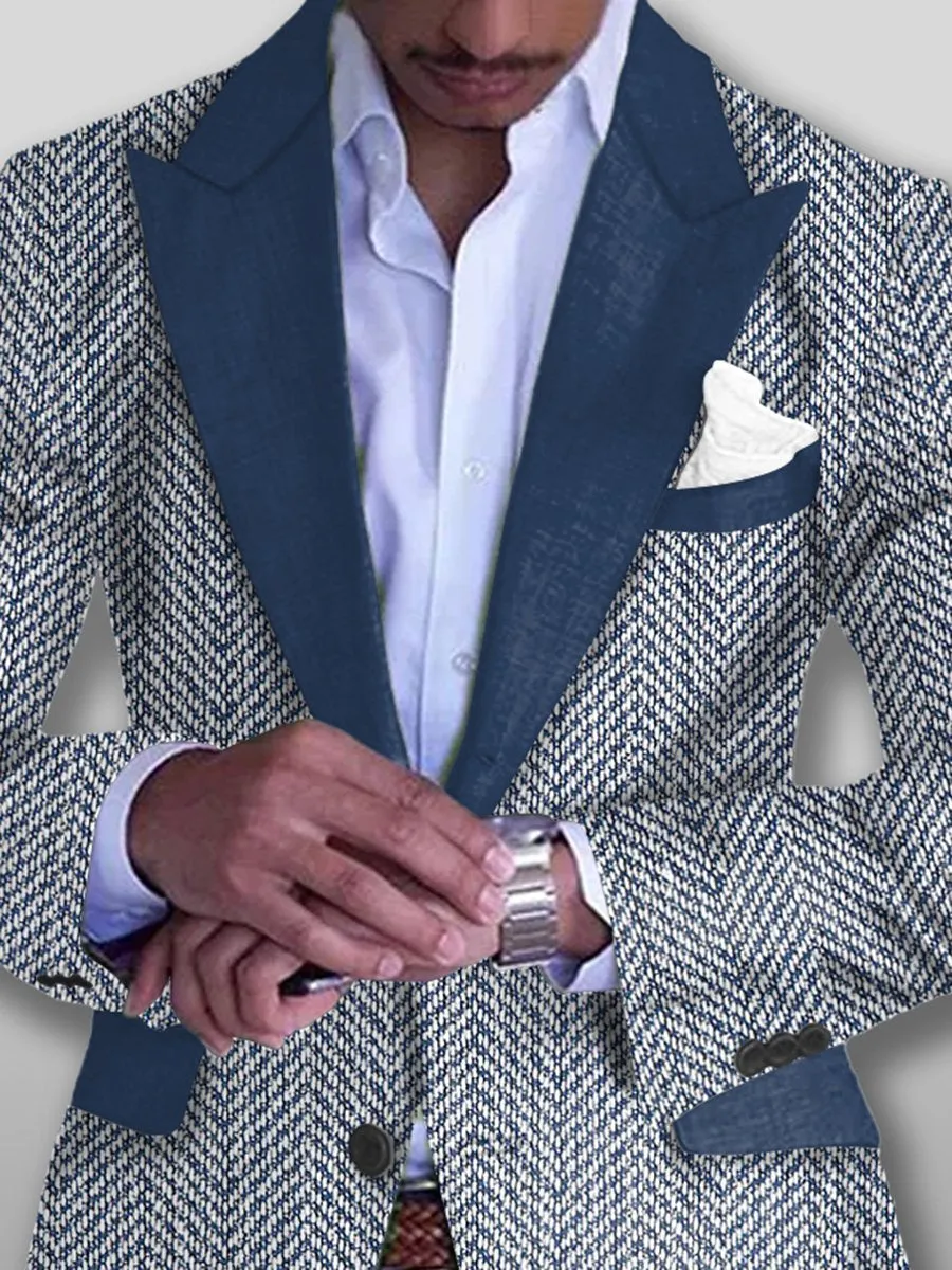 Men's Retro Herringbone Print Single Breasted Blazer