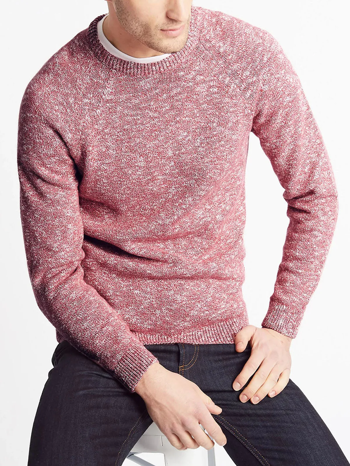 Mens Rose Marl Pure Cotton Textured Ribbed Crew Neck Long Sleeve Jumpers