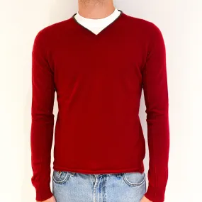 Men's Scarlet Red Cashmere V-Neck Jumper Medium Slim