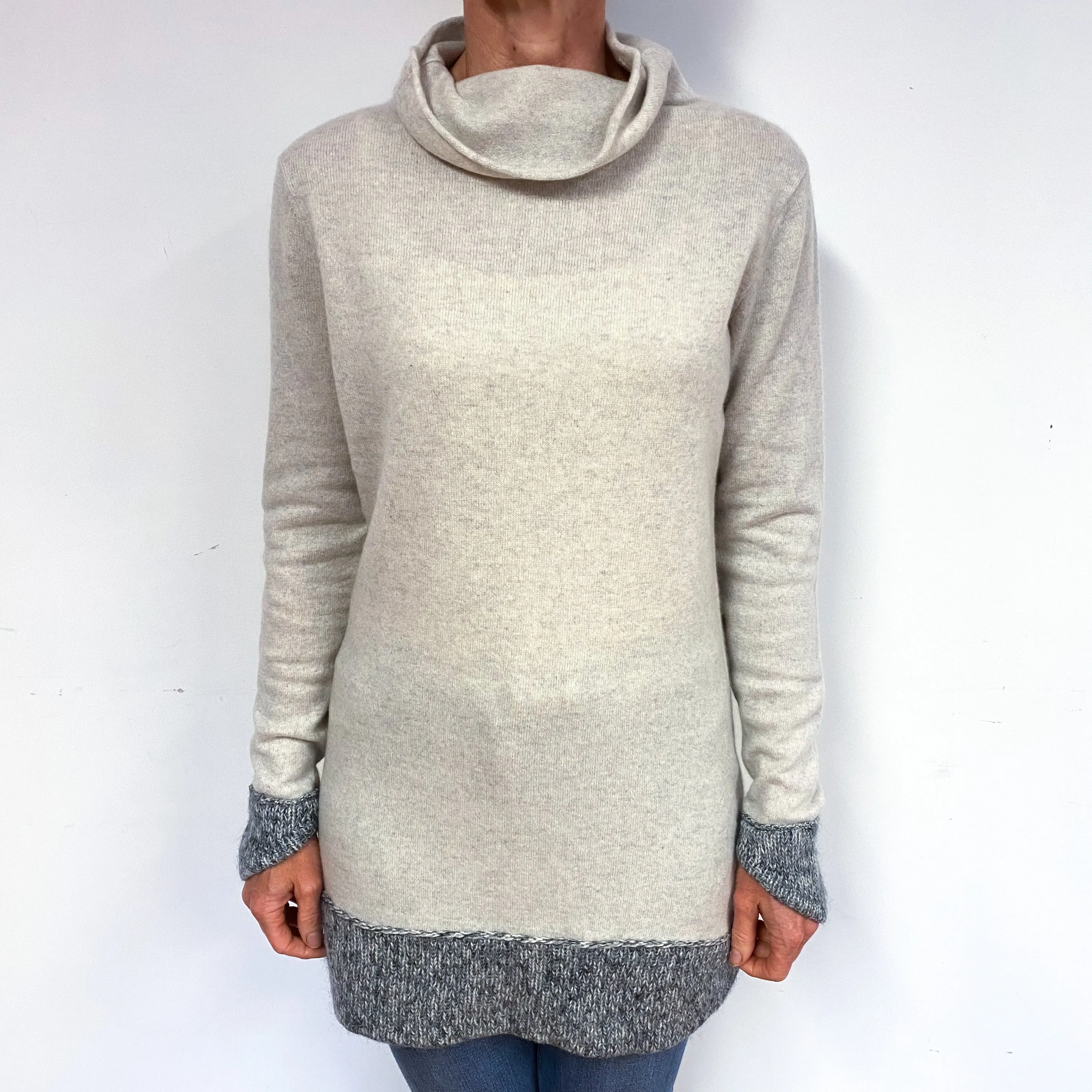 Mist Grey Longline Cashmere Cowl Neck Jumper Medium