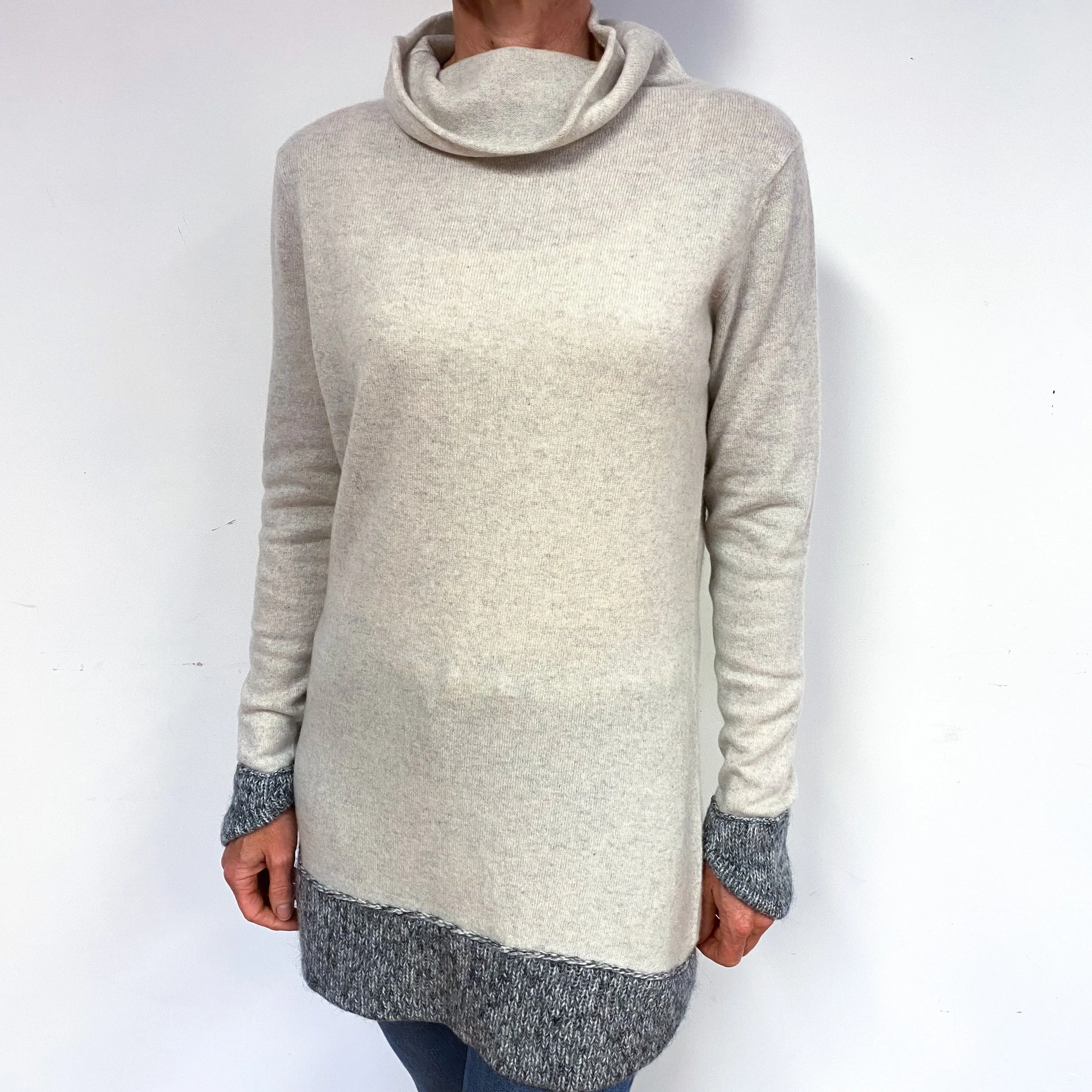 Mist Grey Longline Cashmere Cowl Neck Jumper Medium
