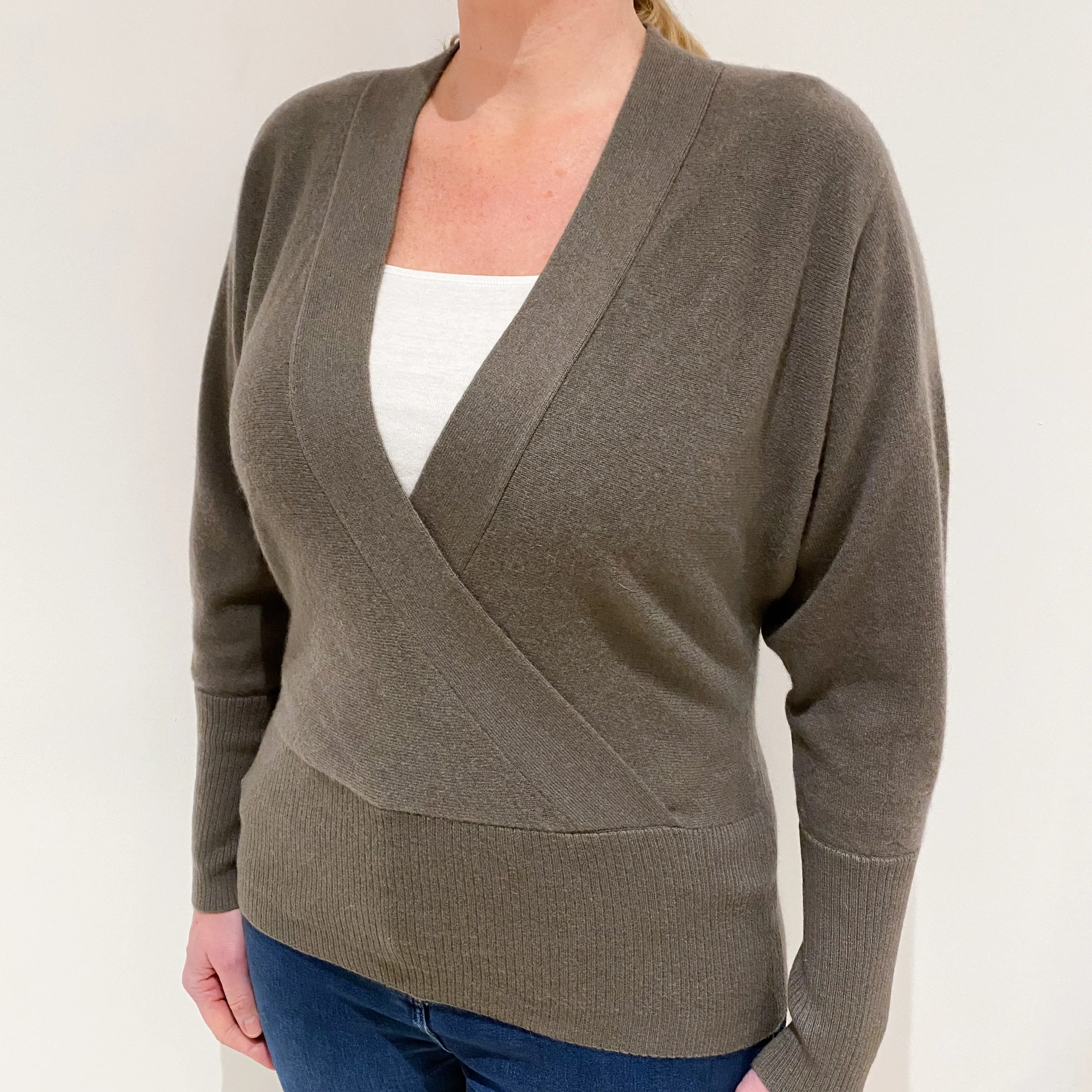 Mocha Brown Batwing Cashmere V-Neck Jumper Large