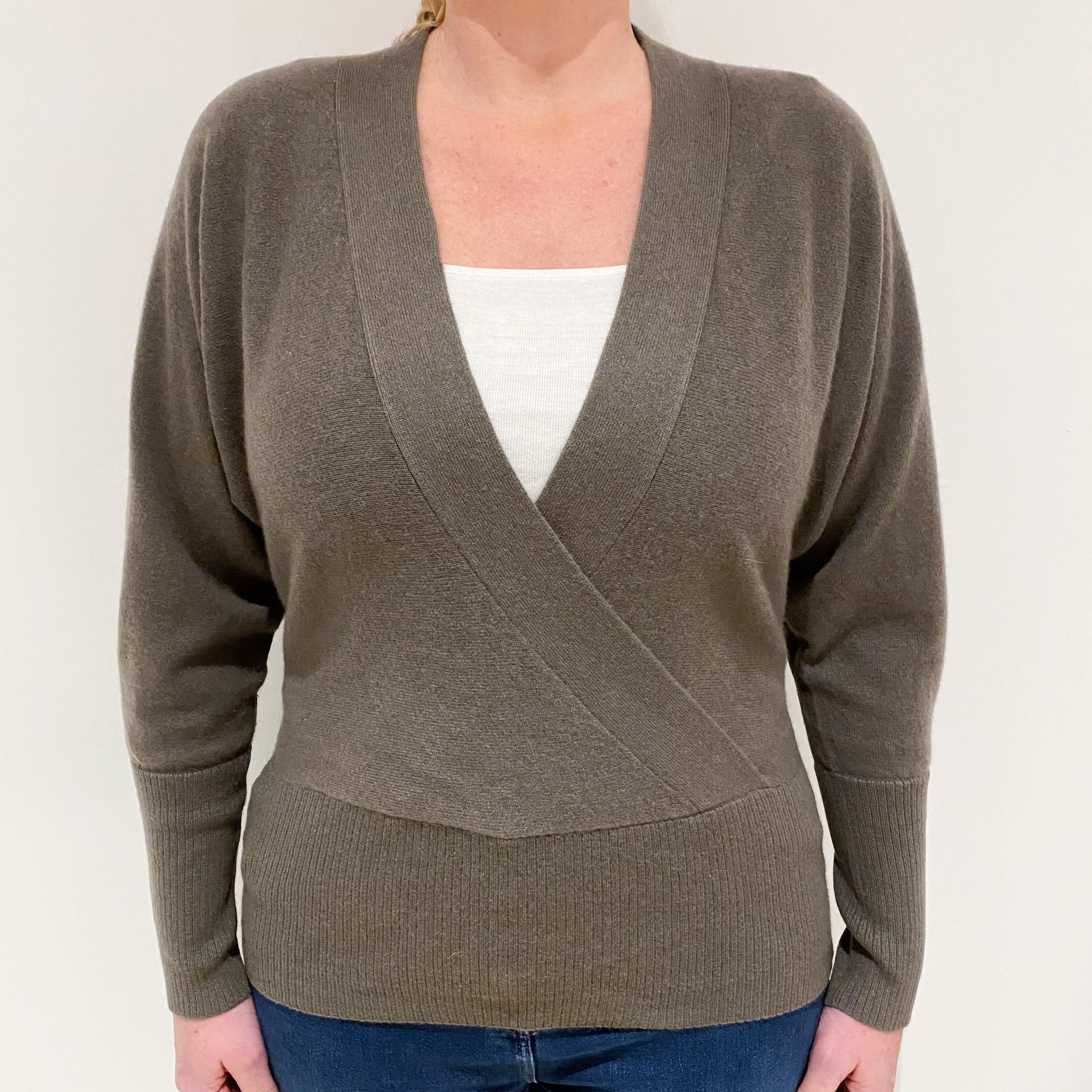 Mocha Brown Batwing Cashmere V-Neck Jumper Large
