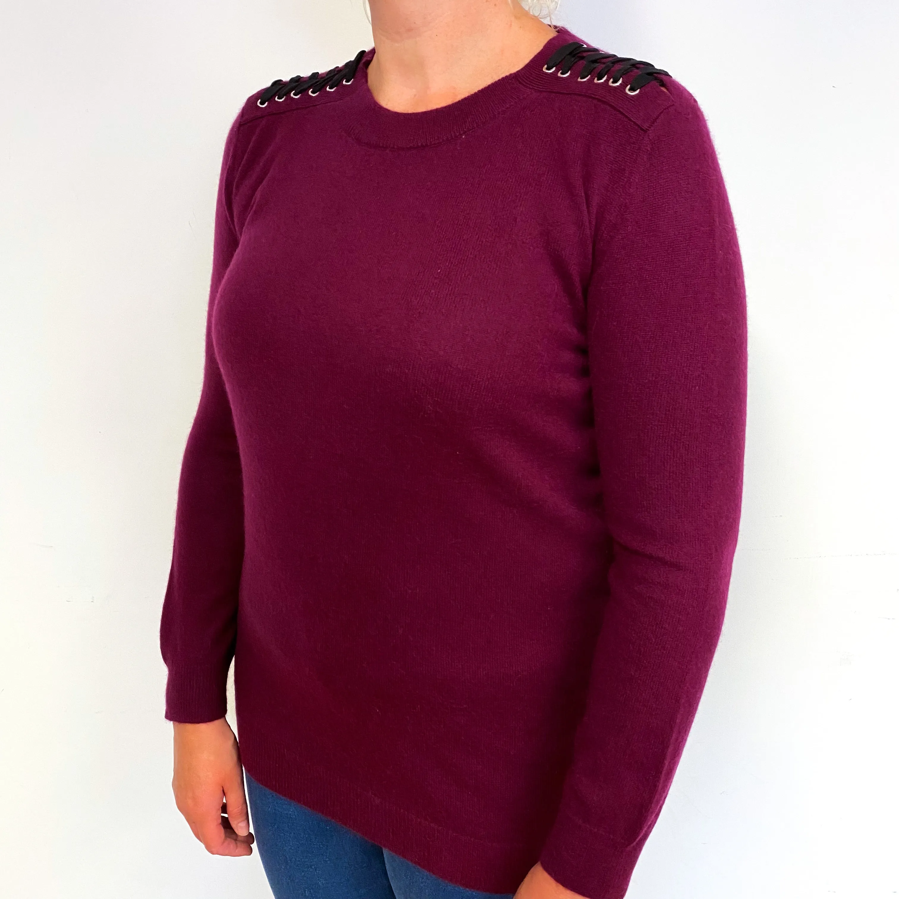 Mulberry Purple Lace-Up Cashmere Crew Neck Jumper Large