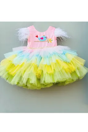 Multi color hand embellished flamingo theme dress