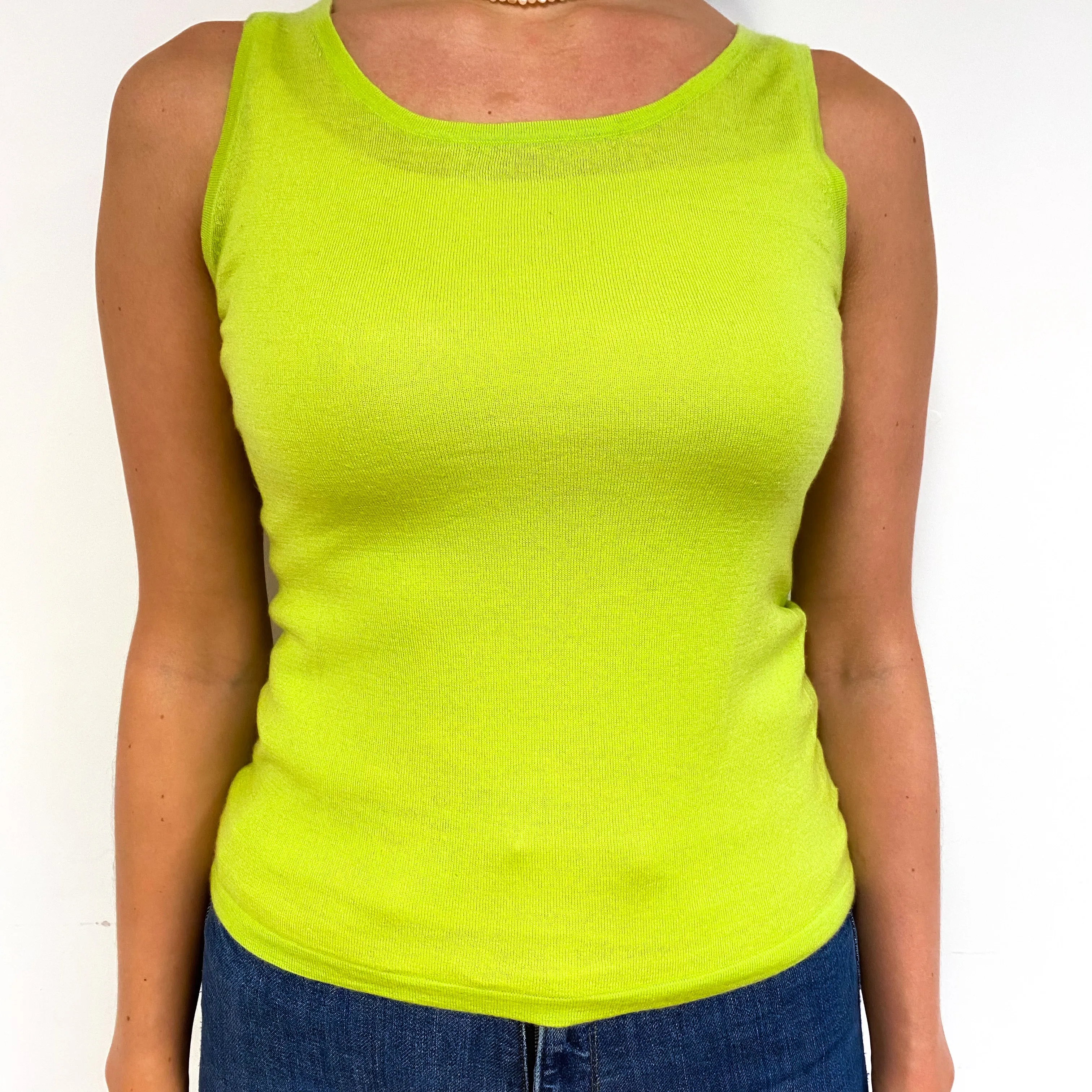 Neon Green Fine Knit Cashmere Crew Neck Tank Top Small