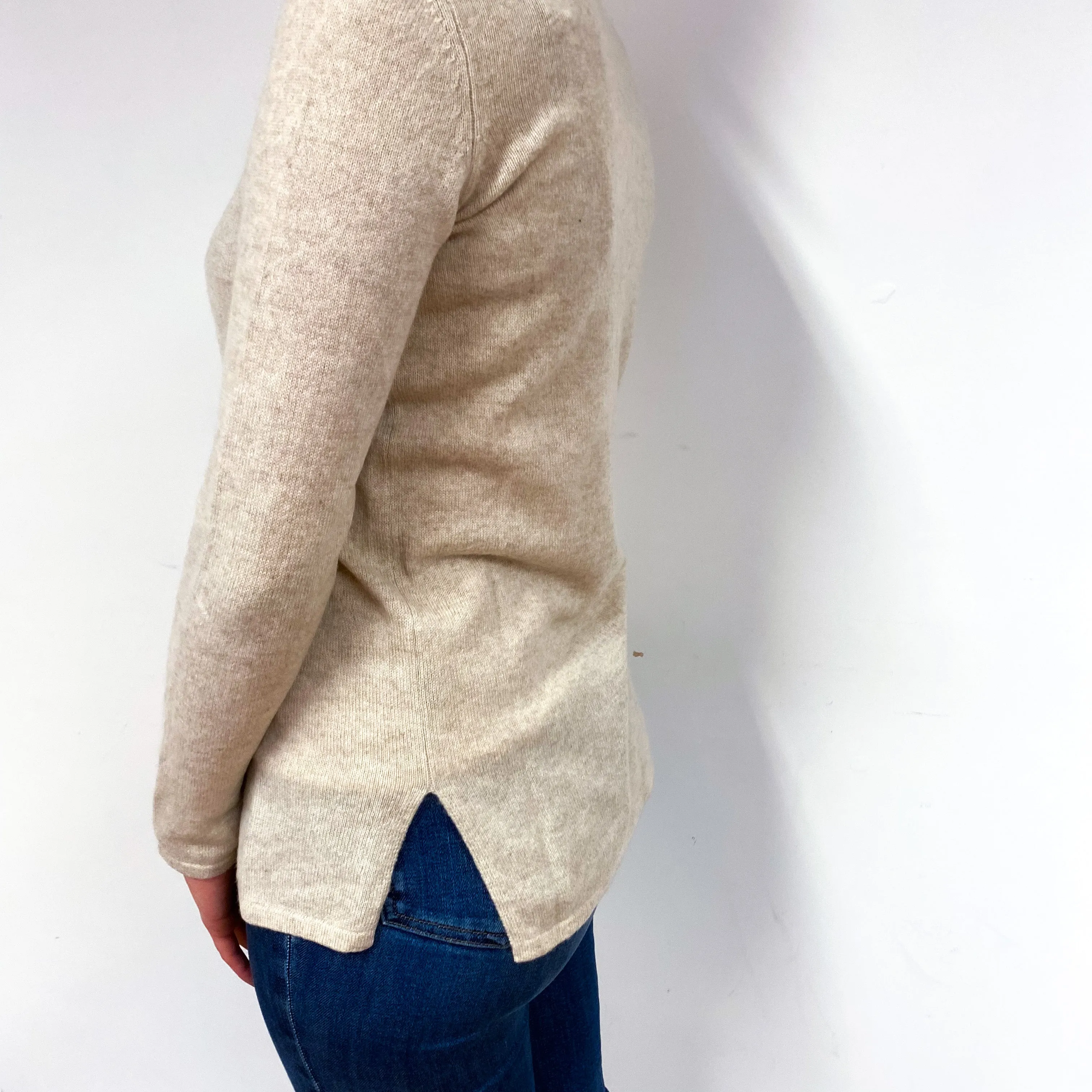 Oatmeal Beige Chest Pocket Cashmere Crew Neck Jumper Small