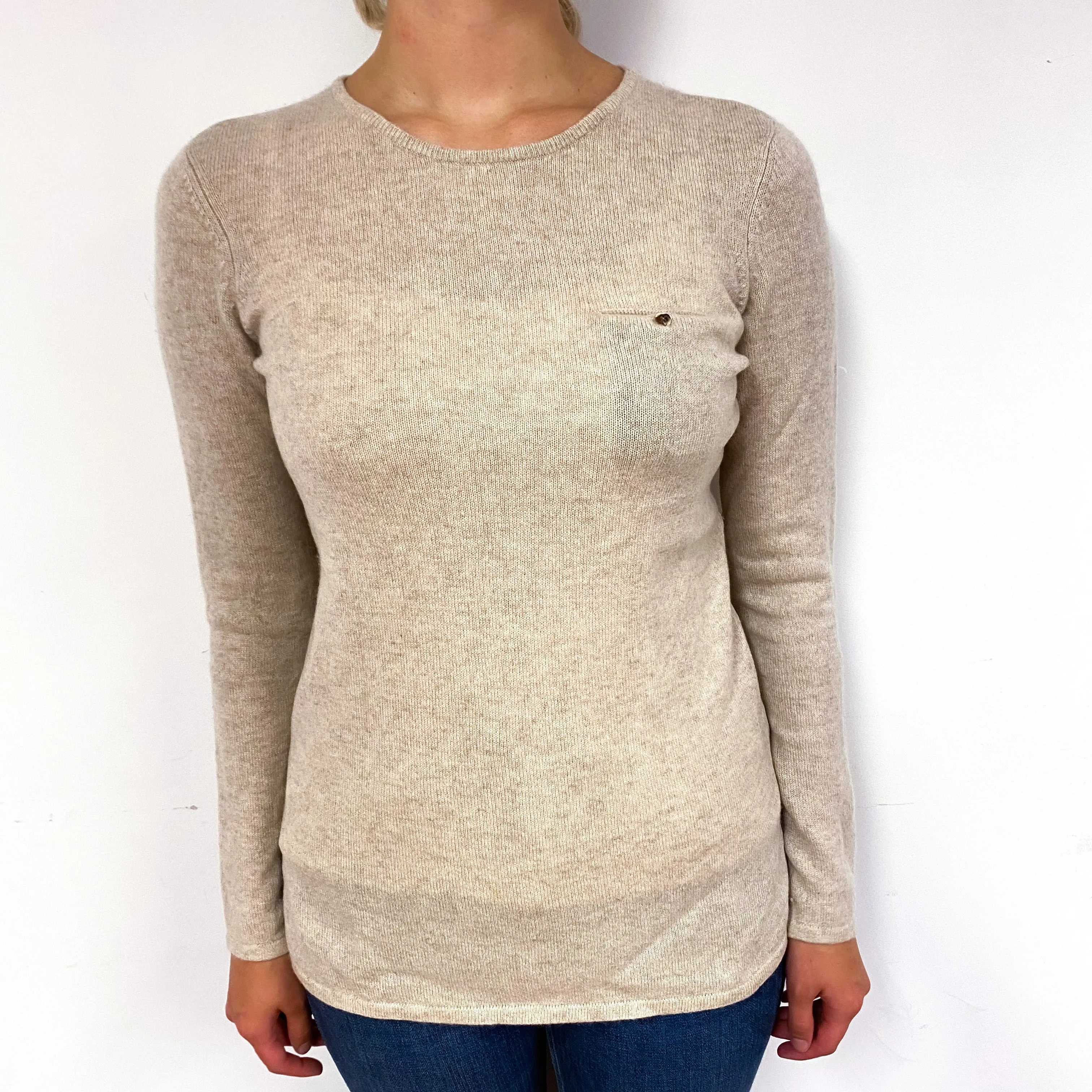 Oatmeal Beige Chest Pocket Cashmere Crew Neck Jumper Small