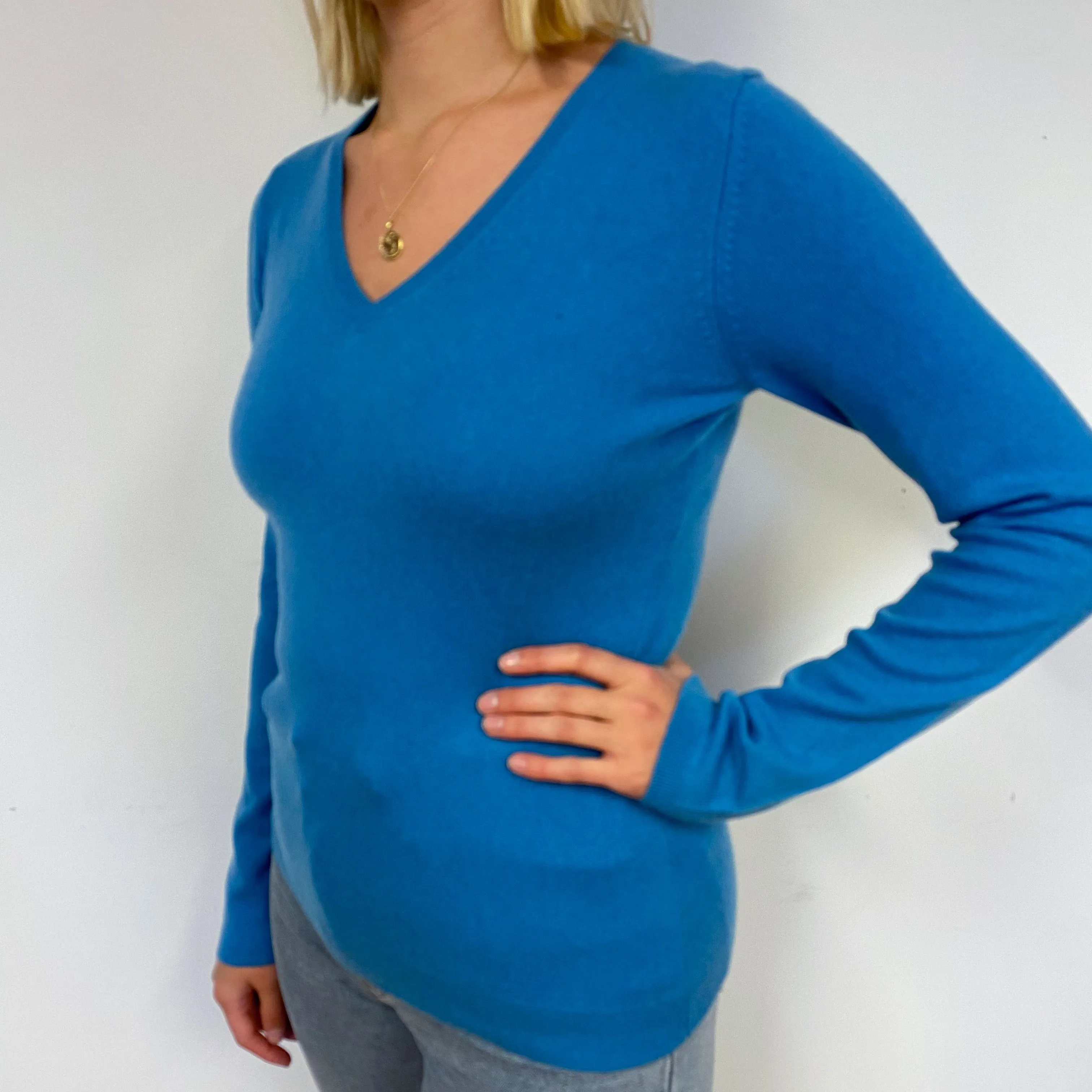 Ocean Blue Cashmere V-Neck Jumper Small