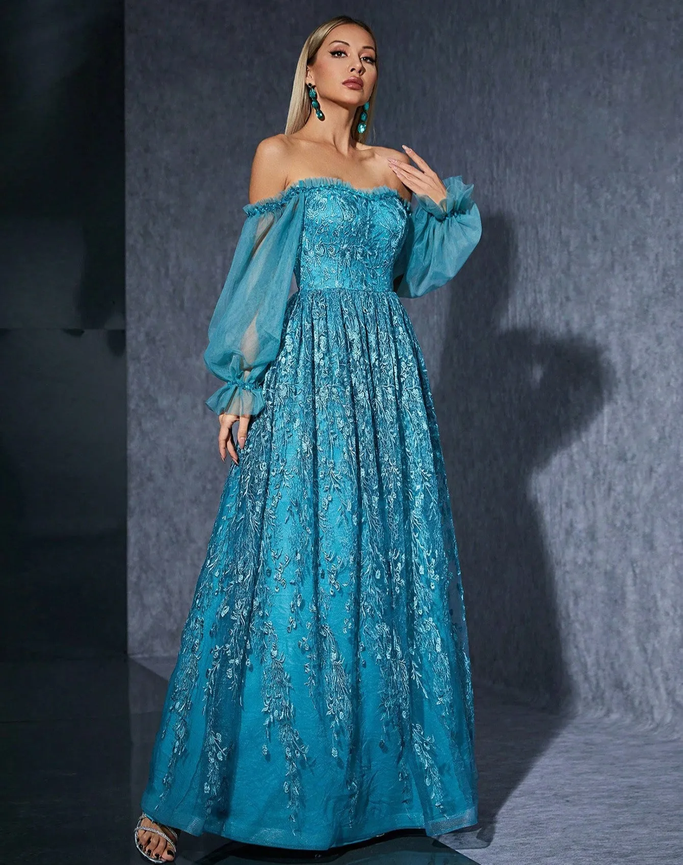 Off Shoulder Bubble Sleeve Drop Sequin Evening Dress