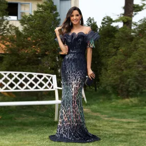 Off Shoulder Sequined Lotus Leaf Evening Dress
