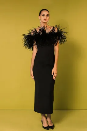 Off-The-Shoulder Midi Dress with Feathers