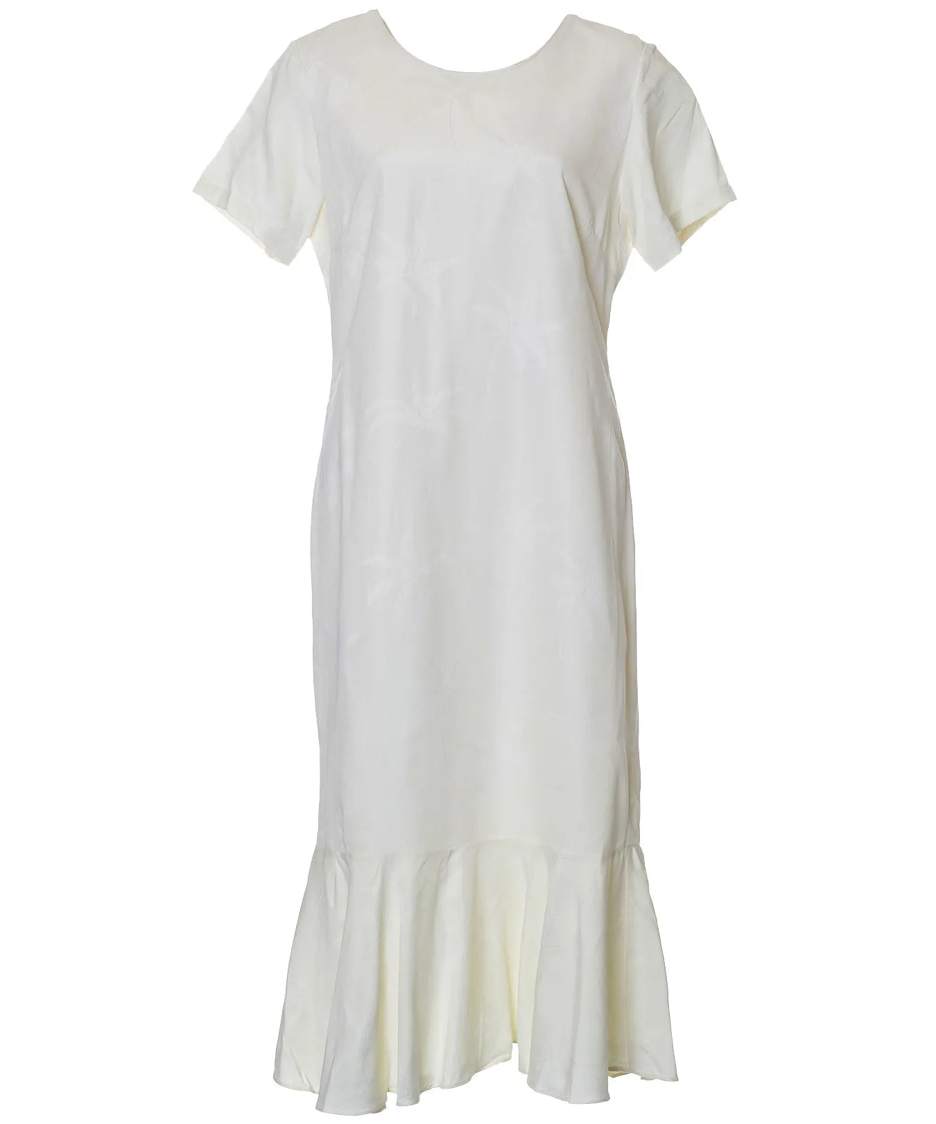 Off-White Tea Length Silk Dress Tropical Palms with Sleeves