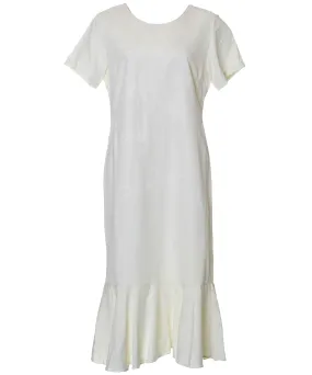 Off-White Tea Length Silk Dress Tropical Palms with Sleeves
