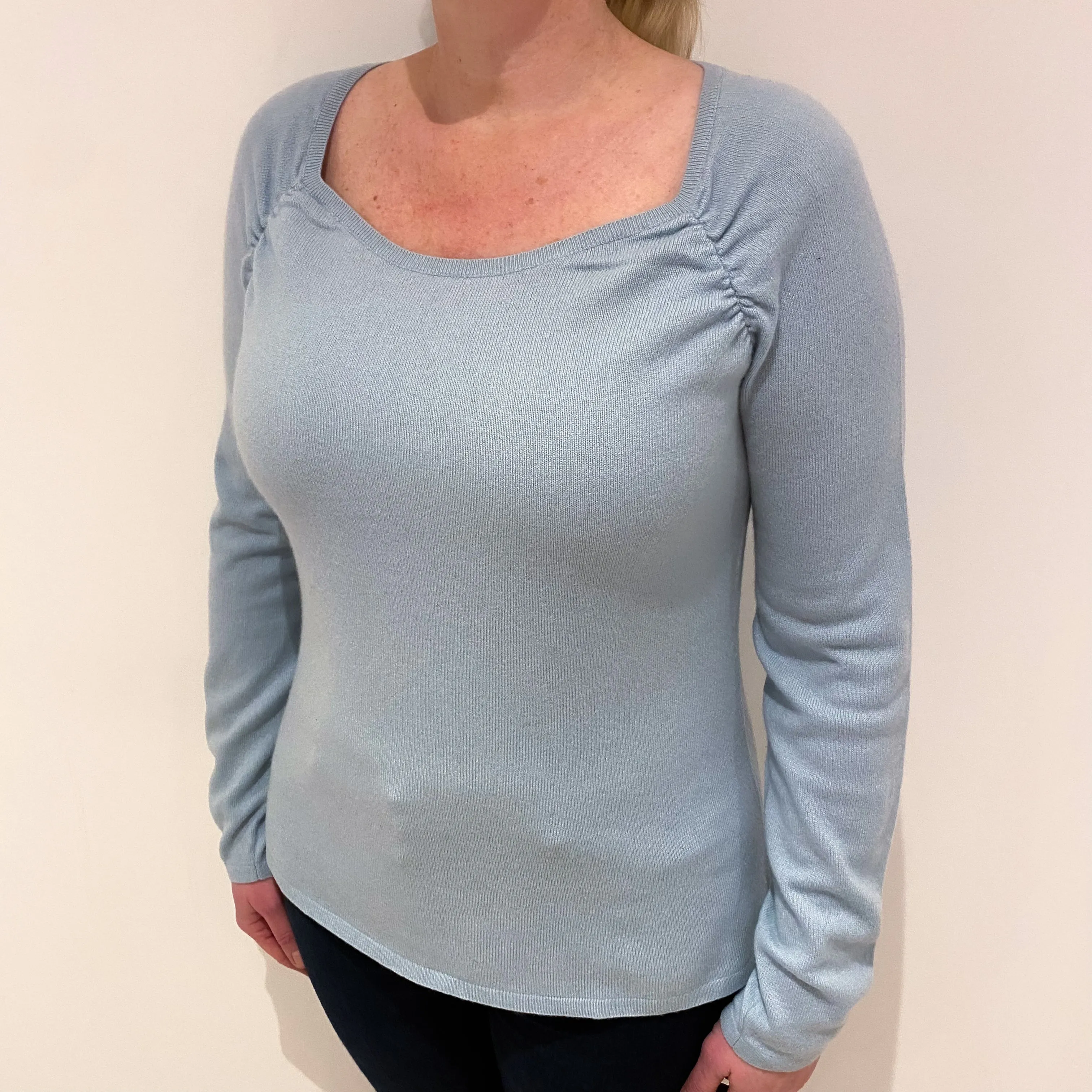 Opal Blue Cashmere Sweetheart Neck Jumper Large