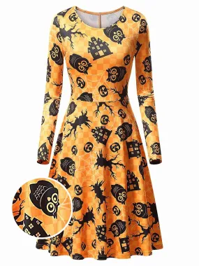 Orange 1950s Halloween Owl Flared Dress