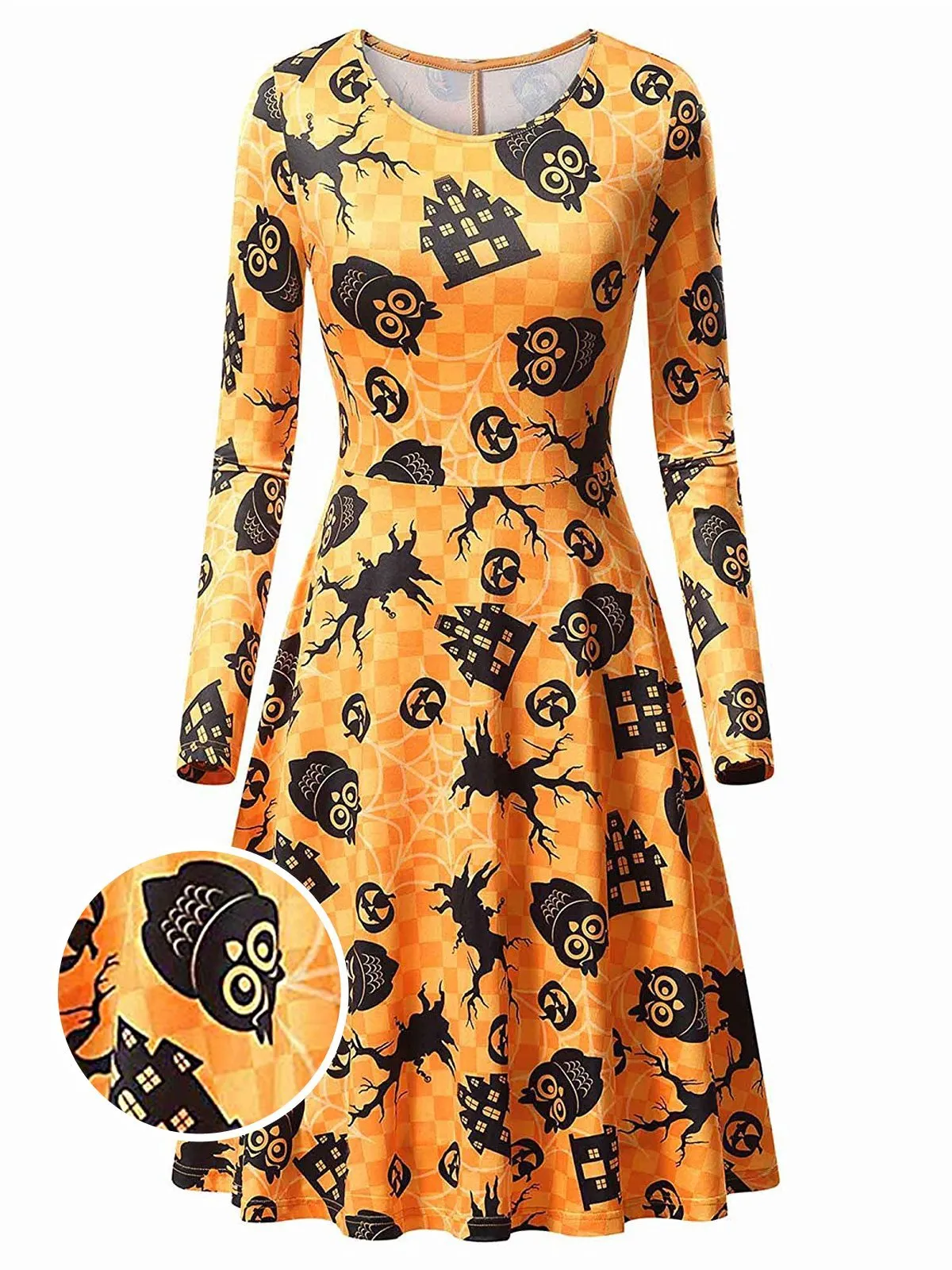 Orange 1950s Halloween Owl Flared Dress