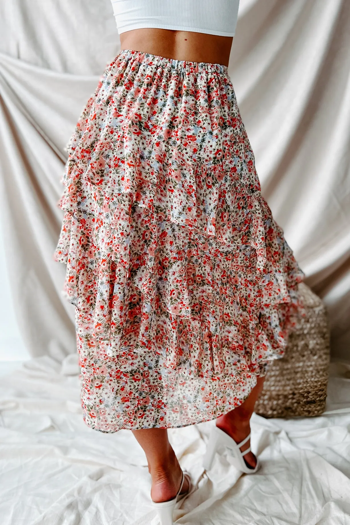 Patience & Persistance Ruffled Floral Midi Skirt (Red/Green)