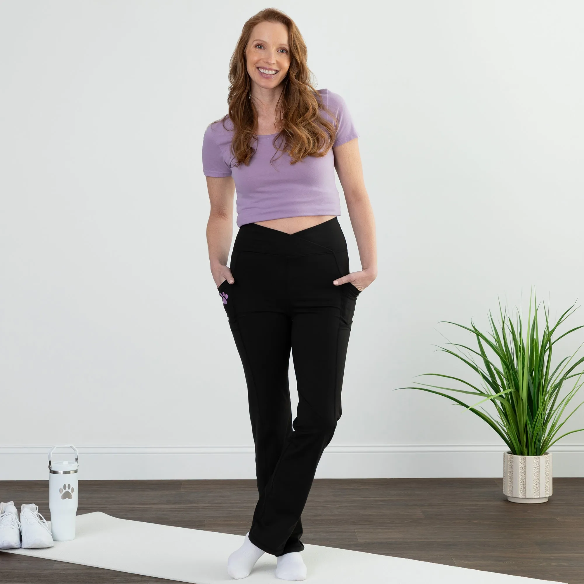 Paw Print Crossover Waist Yoga Pants with Pockets