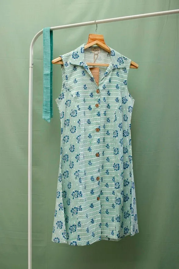 Peacock Blue Floral Dress in Lyocell Linen
