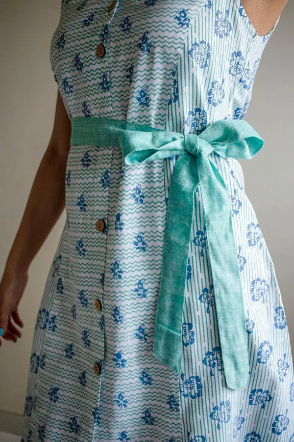 Peacock Blue Floral Dress in Lyocell Linen