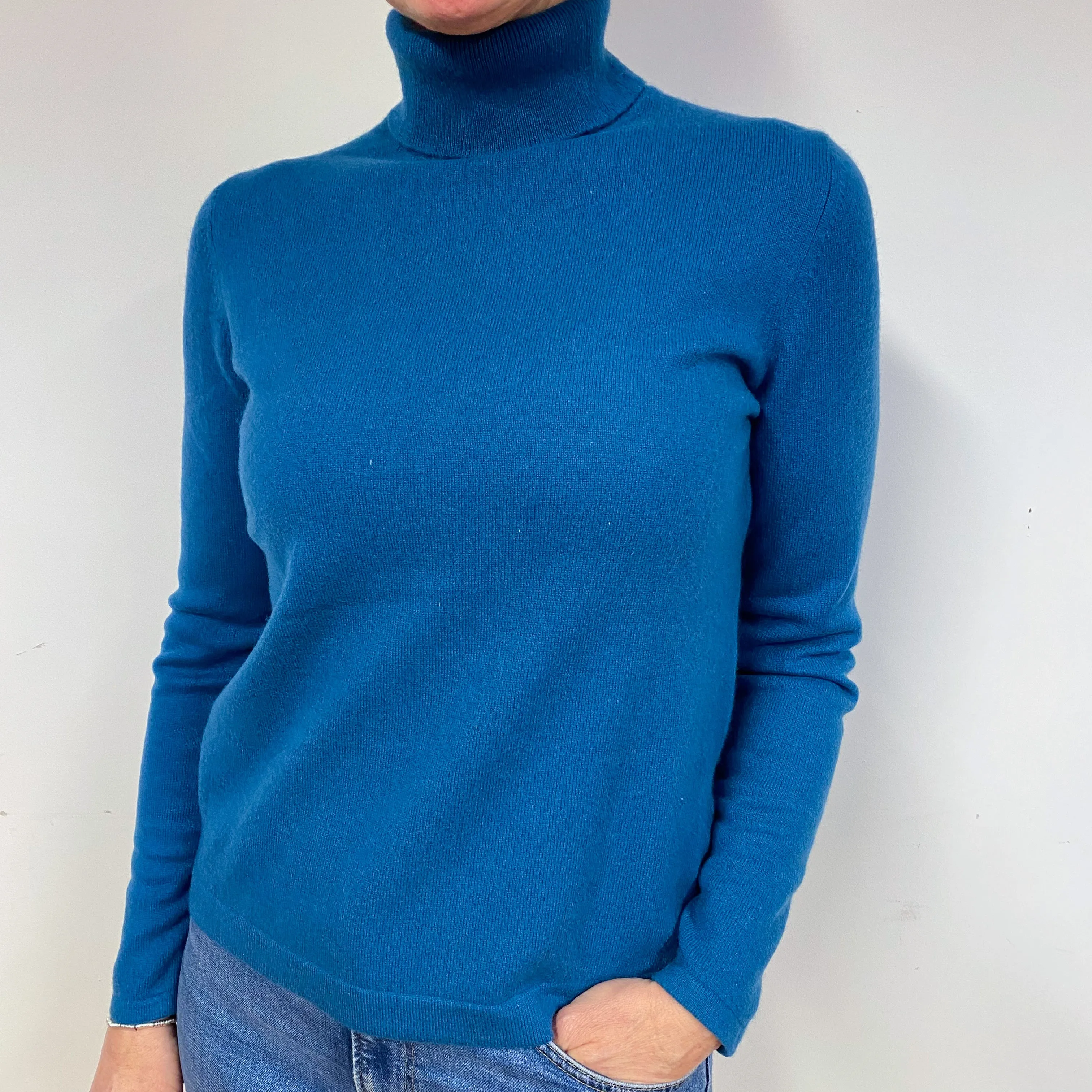 Petrol Blue Cashmere Polo Neck Jumper Medium