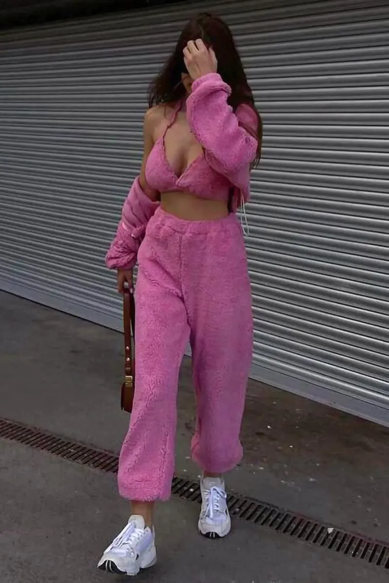 Pink Teddy Pants And Jacket 3 Piece Sherpa Fleece Set