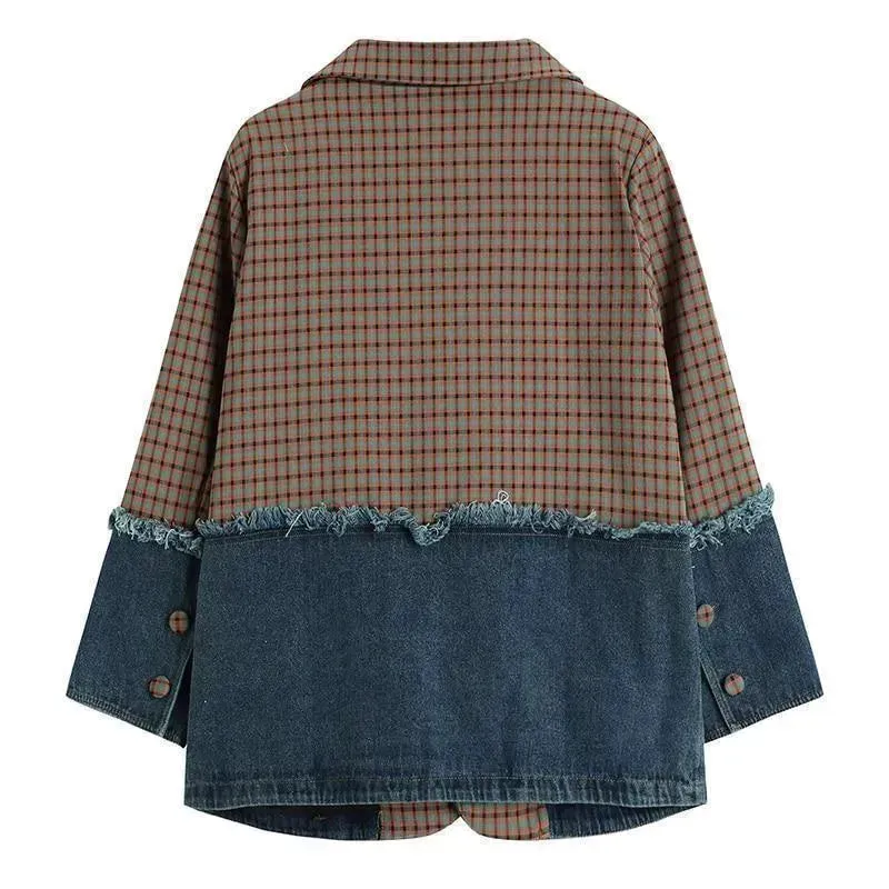 Plaid Denim Oversized Blazer Women - Casual - Patchwork
