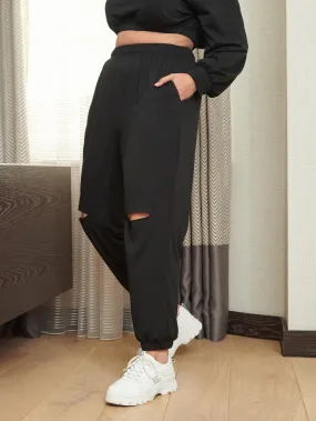 Plain Ripped Natural Long Plus Size Sweatpants