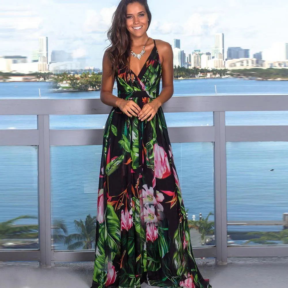 Printed Floral Long Boho Beach Dress