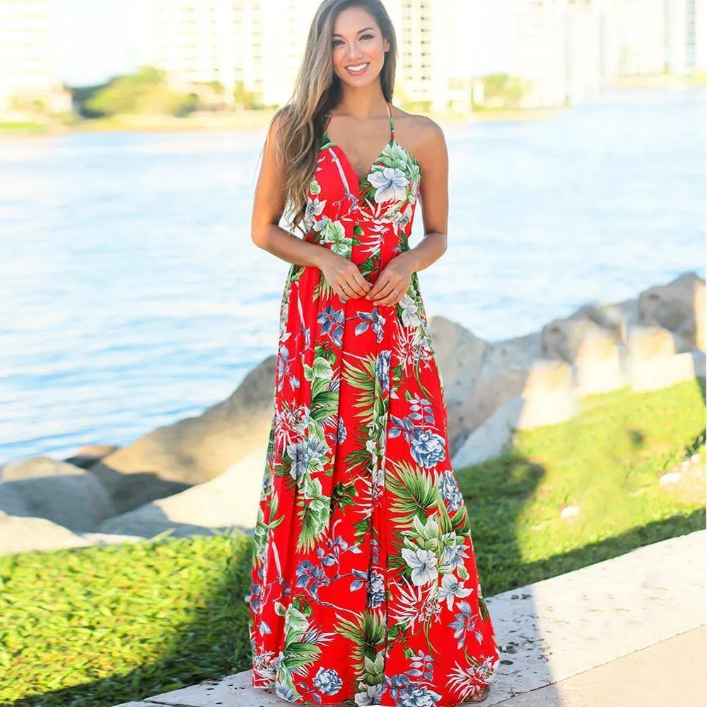 Printed Floral Long Boho Beach Dress