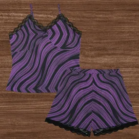 Purple And Black Stripes Cami Home Suit With Lace Edge
