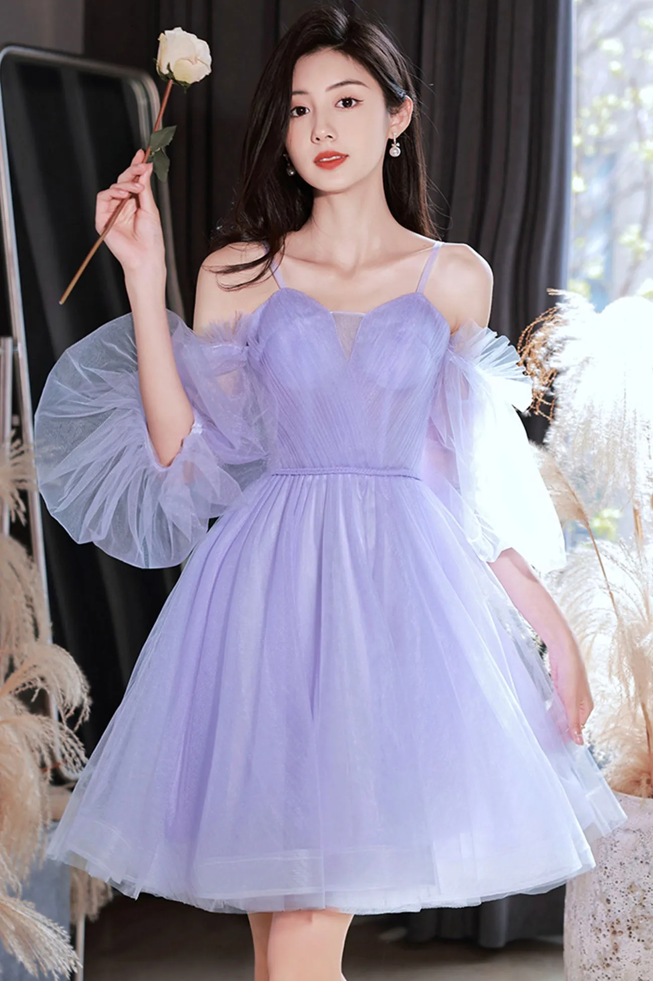 Purple Spaghetti Strap Tulle Short Mini Party Dress