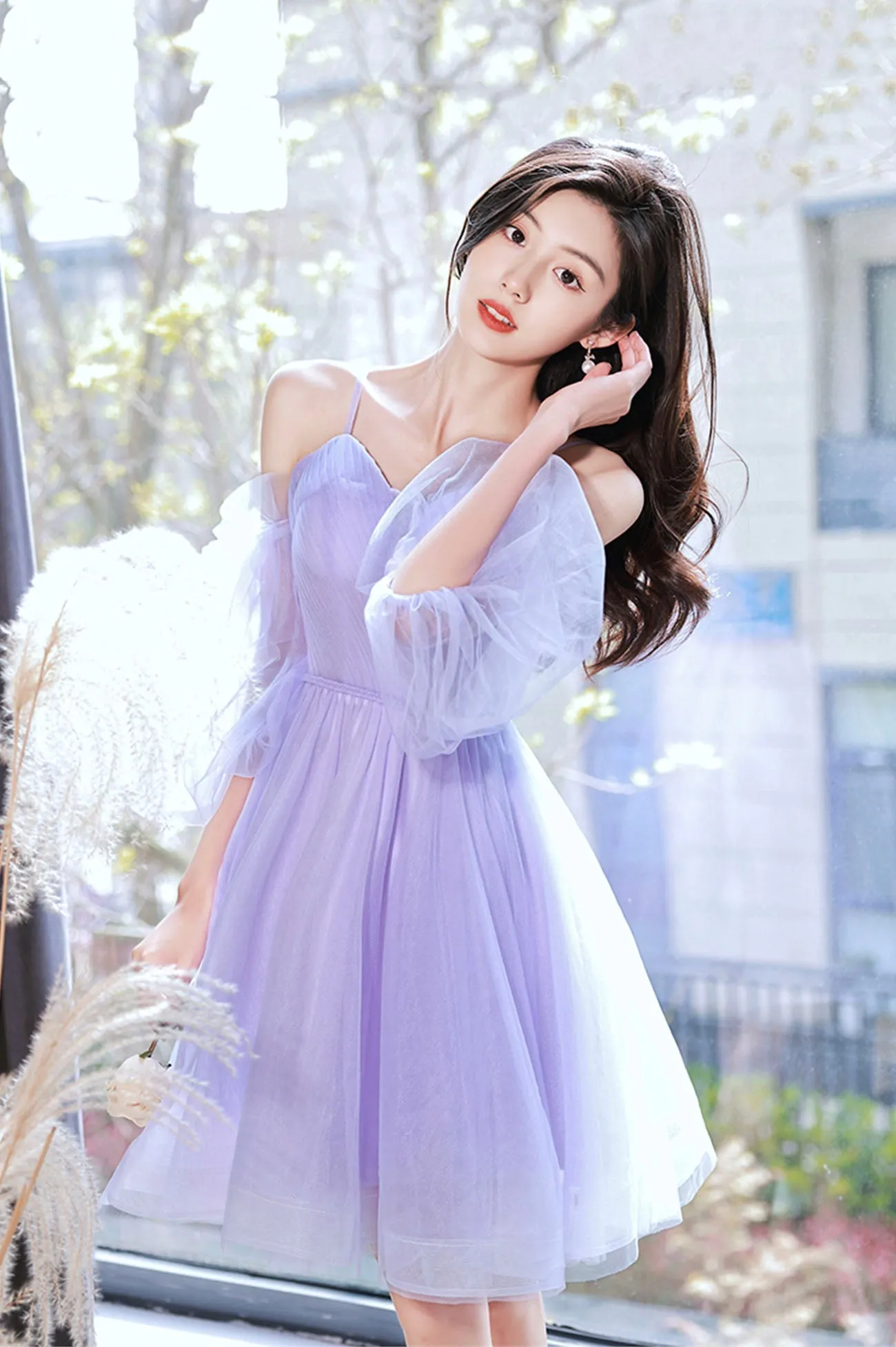 Purple Spaghetti Strap Tulle Short Mini Party Dress