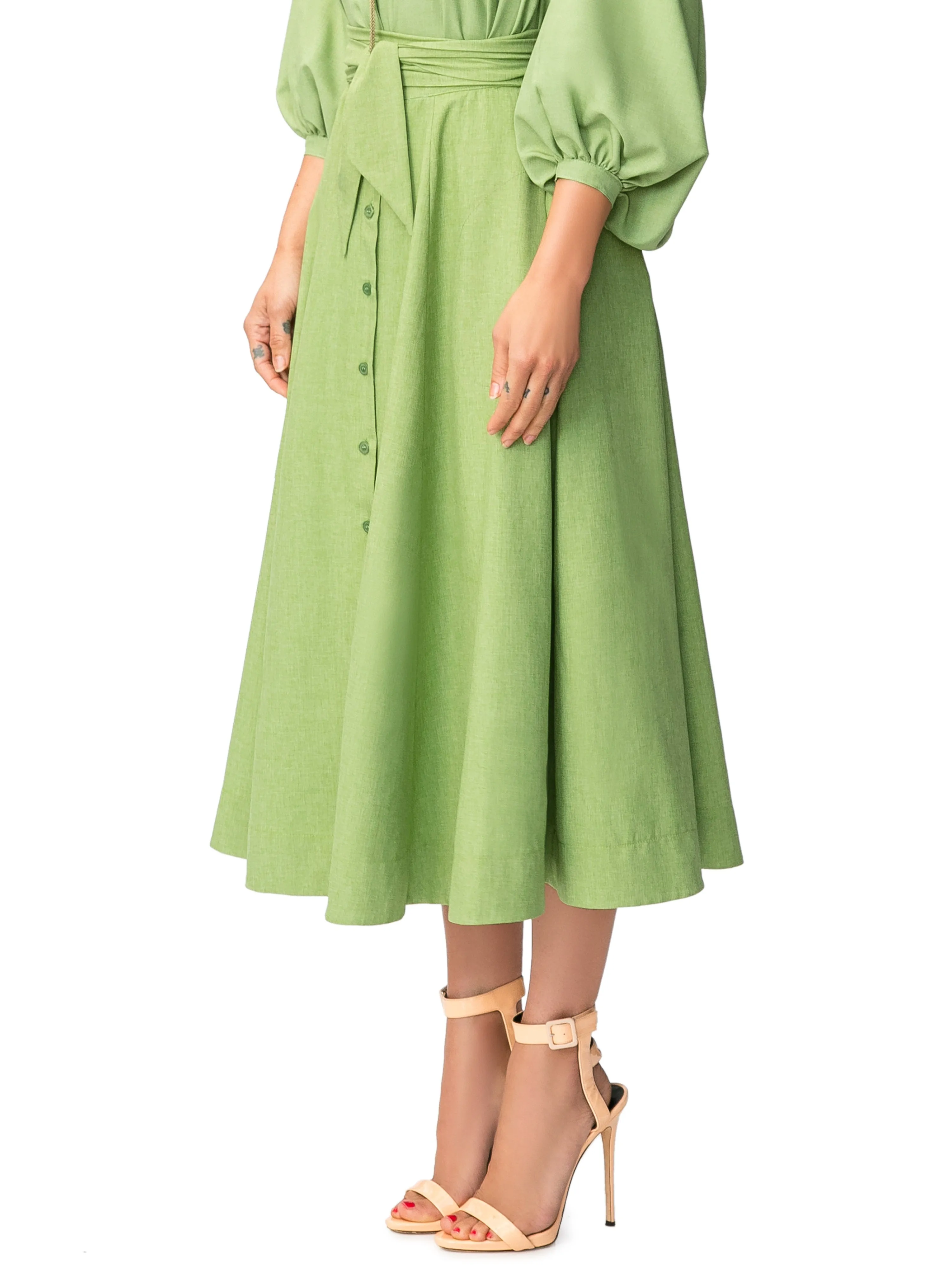 "Aretha" Belted Green Button-Down Skirt
