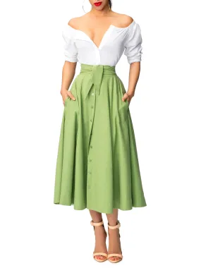 "Aretha" Belted Green Button-Down Skirt