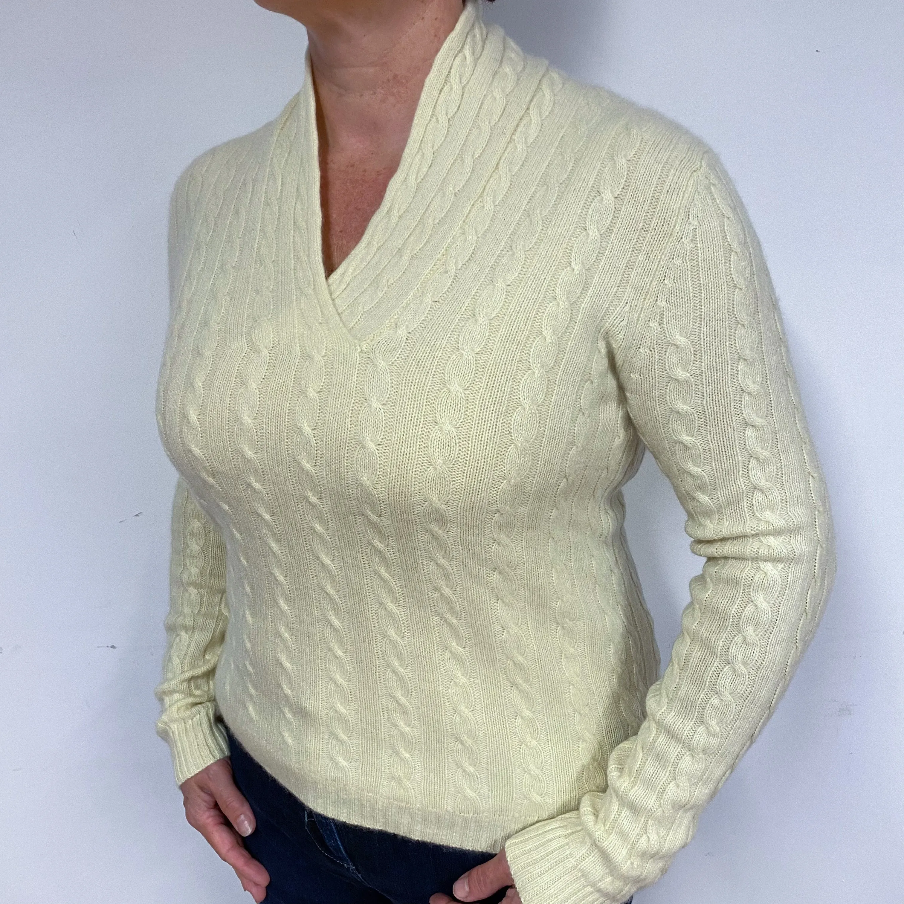 Ralph Lauren Pale Yellow Cable Cashmere V-Neck Jumper Large