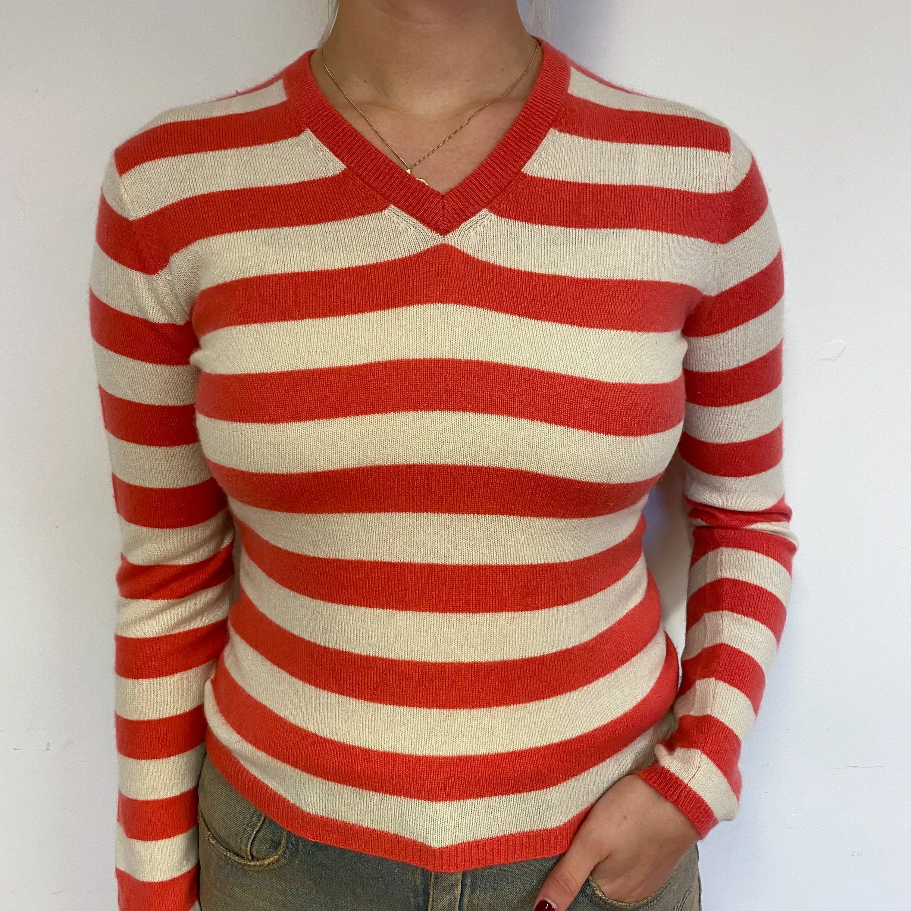 Red and Cream Stripe Cashmere V-Neck Jumper Small