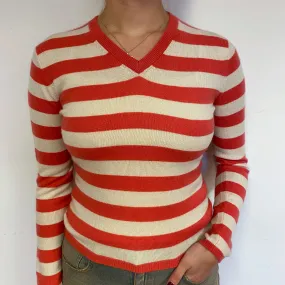 Red and Cream Stripe Cashmere V-Neck Jumper Small