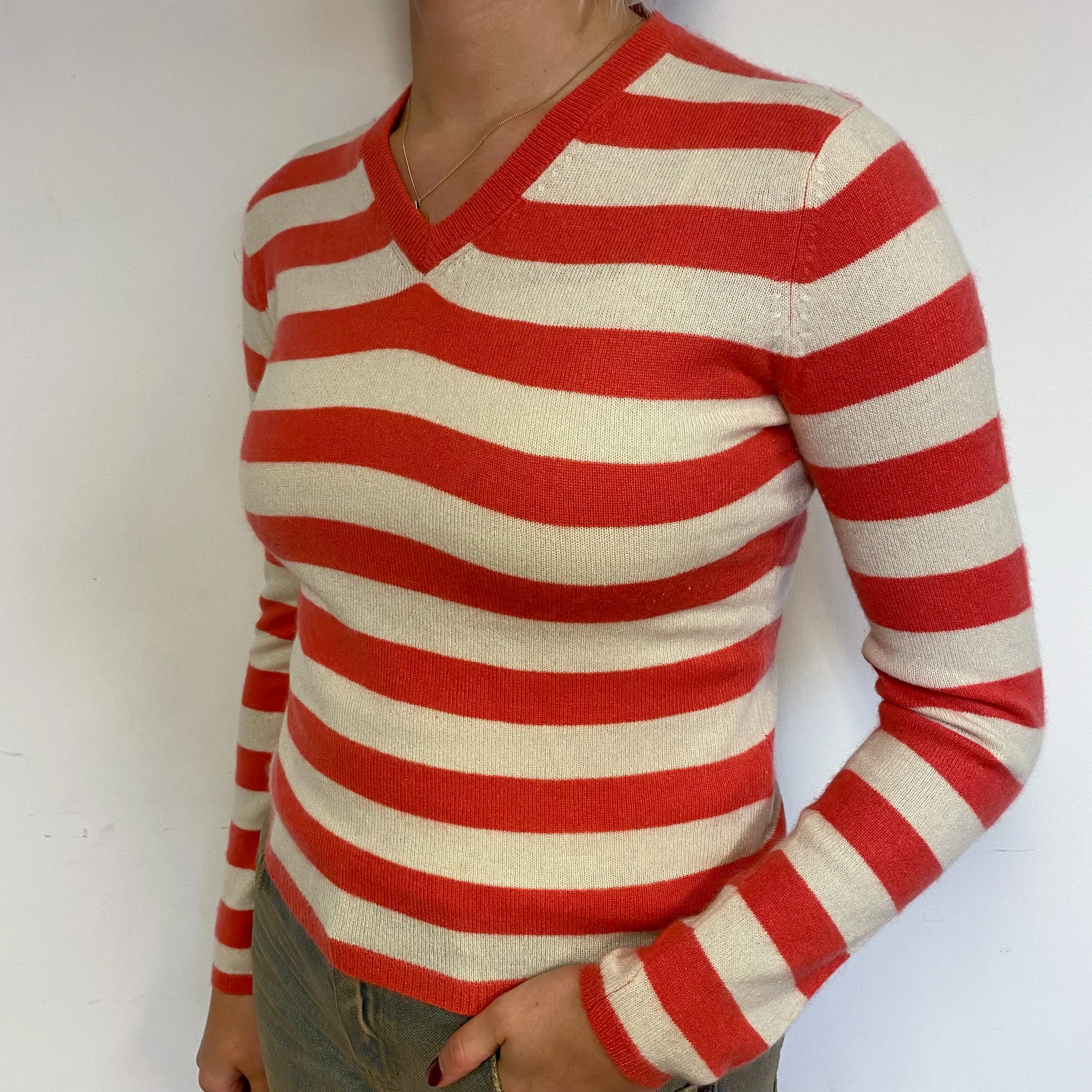Red and Cream Stripe Cashmere V-Neck Jumper Small