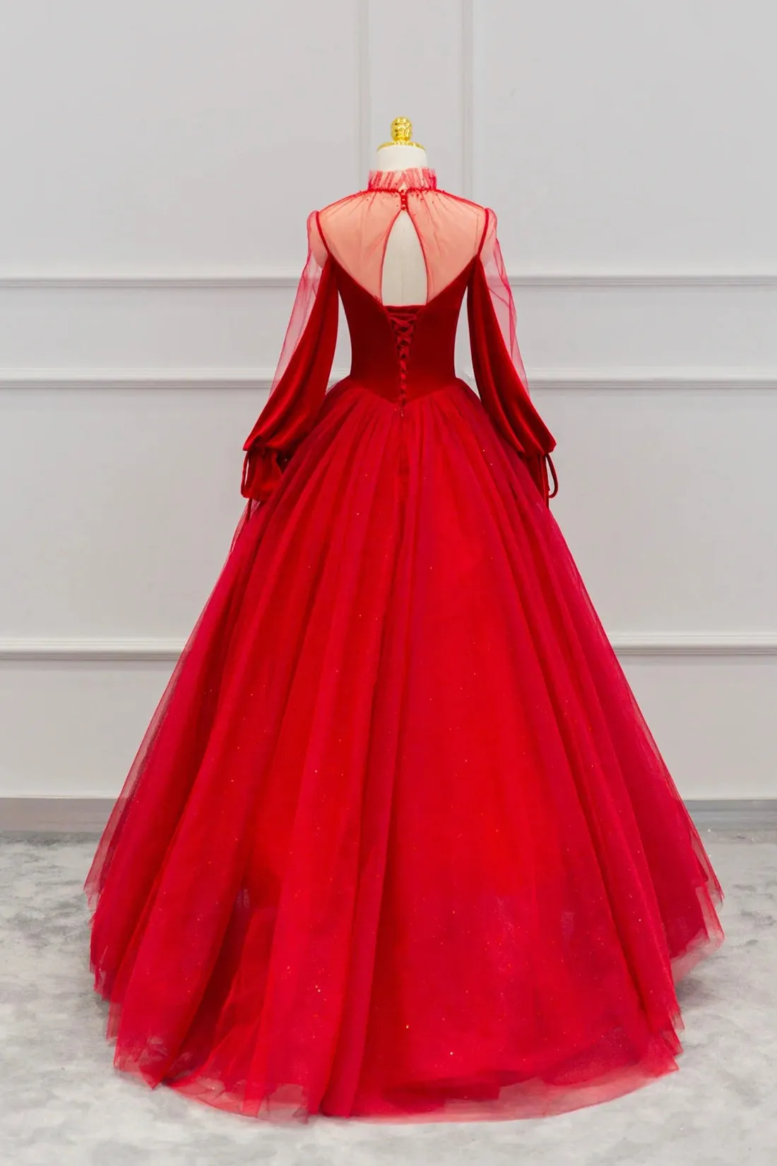 Red Velvet Tulle Long Prom Dress, Long Sleeve Evening Party Dress