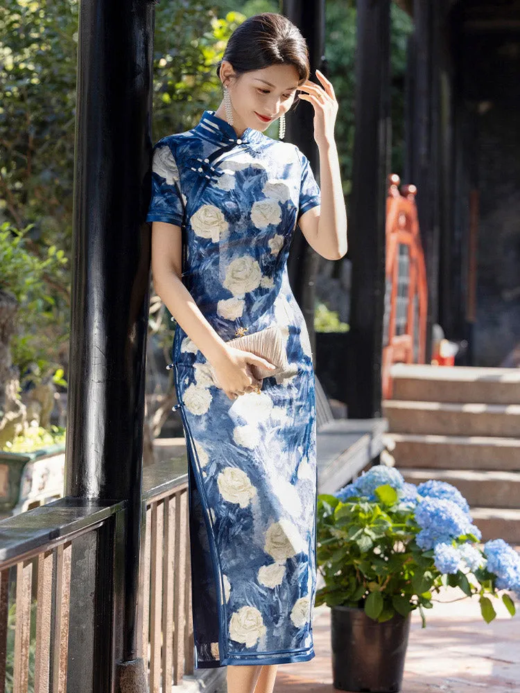 Romantic Blue Floral Vintage Qipao Cheongsam Dress for Women