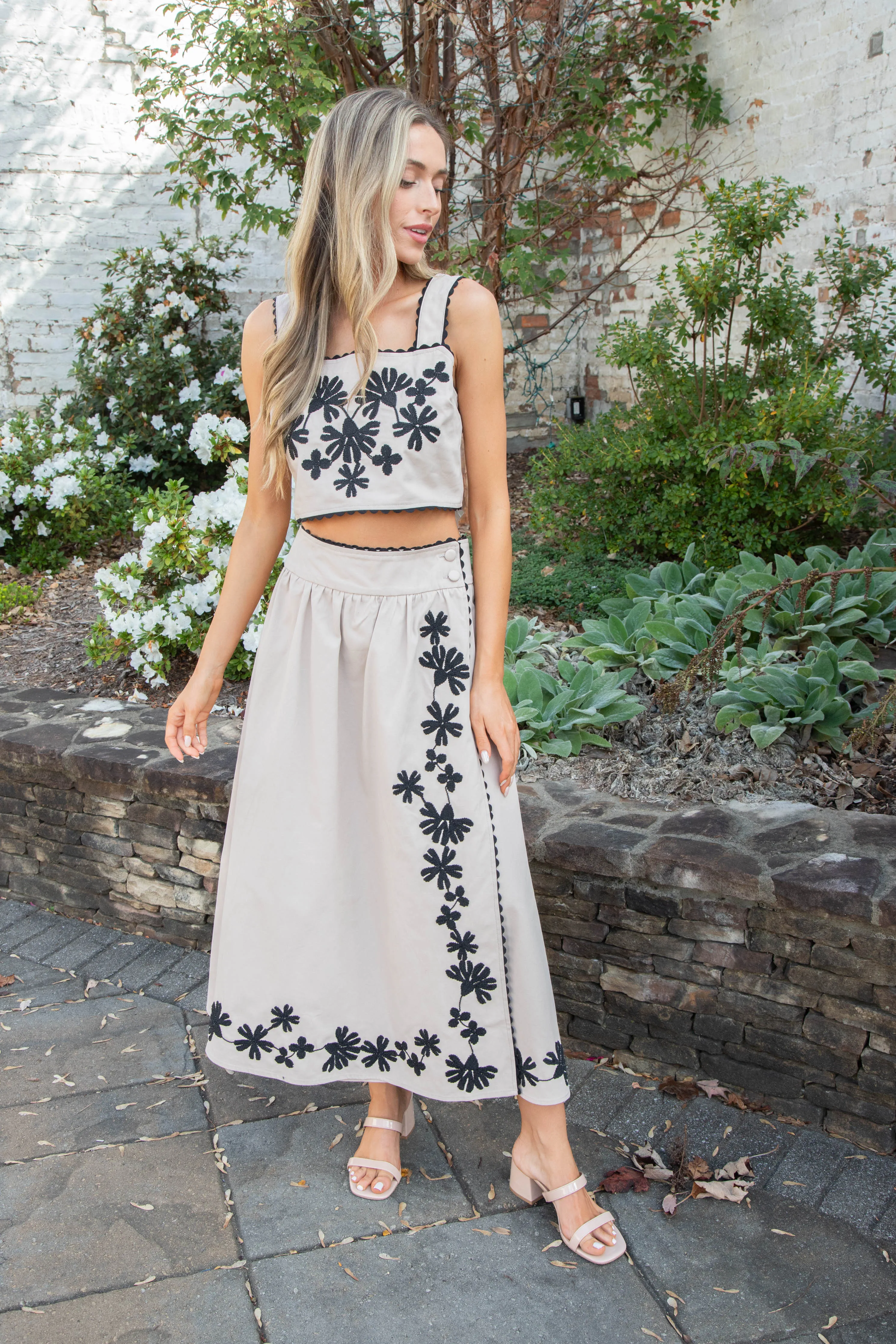 Rylin Embroidered Wrap Skirt, Light Taupe