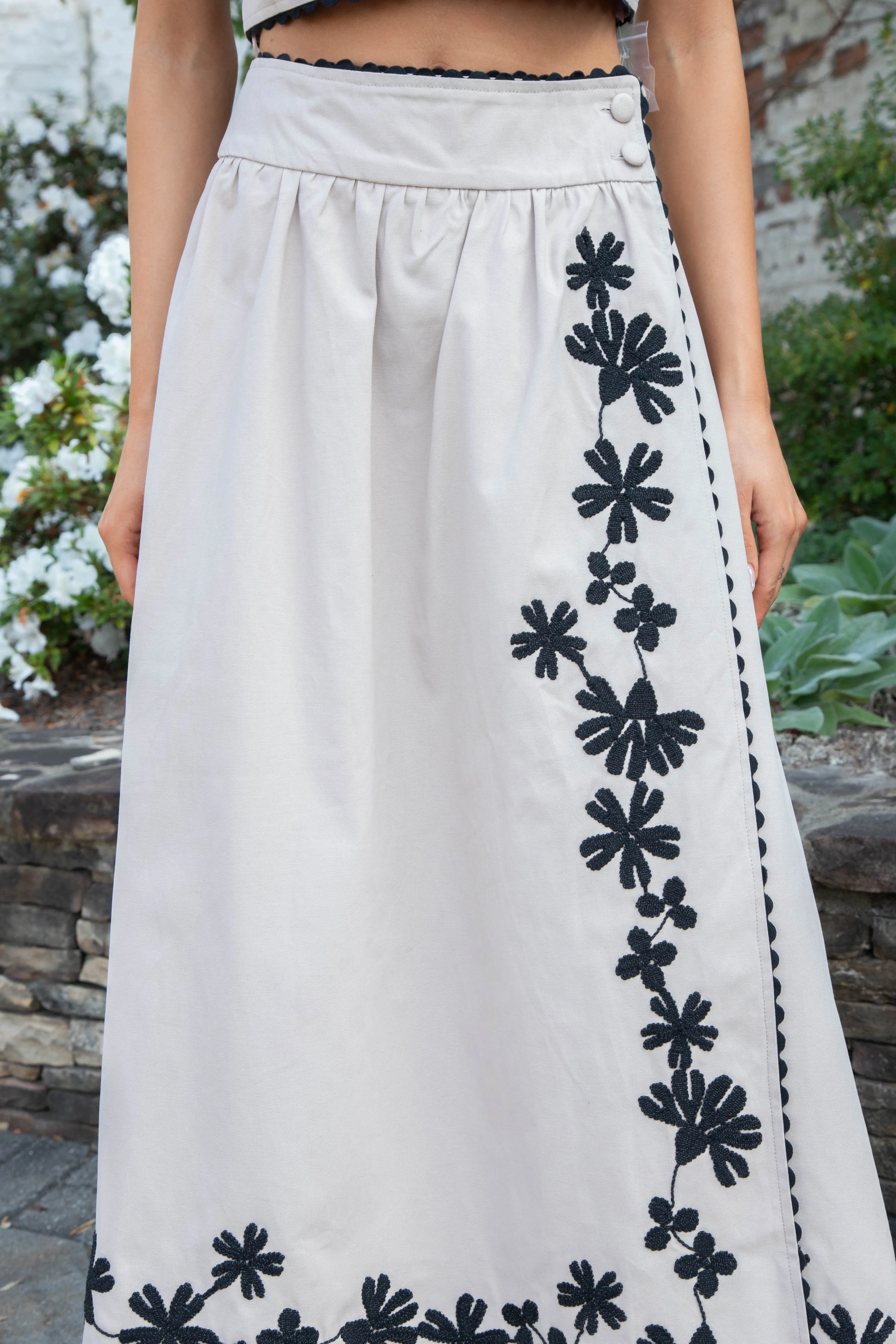 Rylin Embroidered Wrap Skirt, Light Taupe